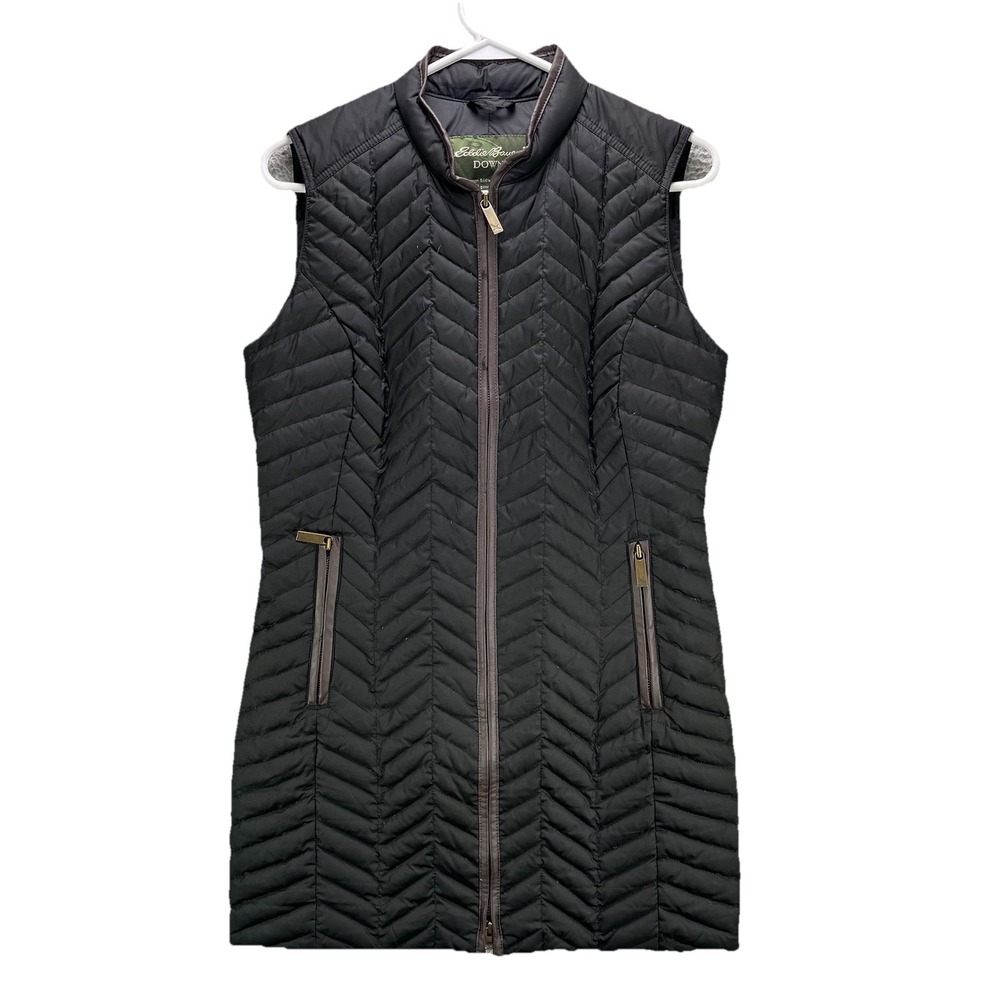 Eddie Bauer Goose Down Vest Womens XS Black Mid Length Quilted Parka Puffer